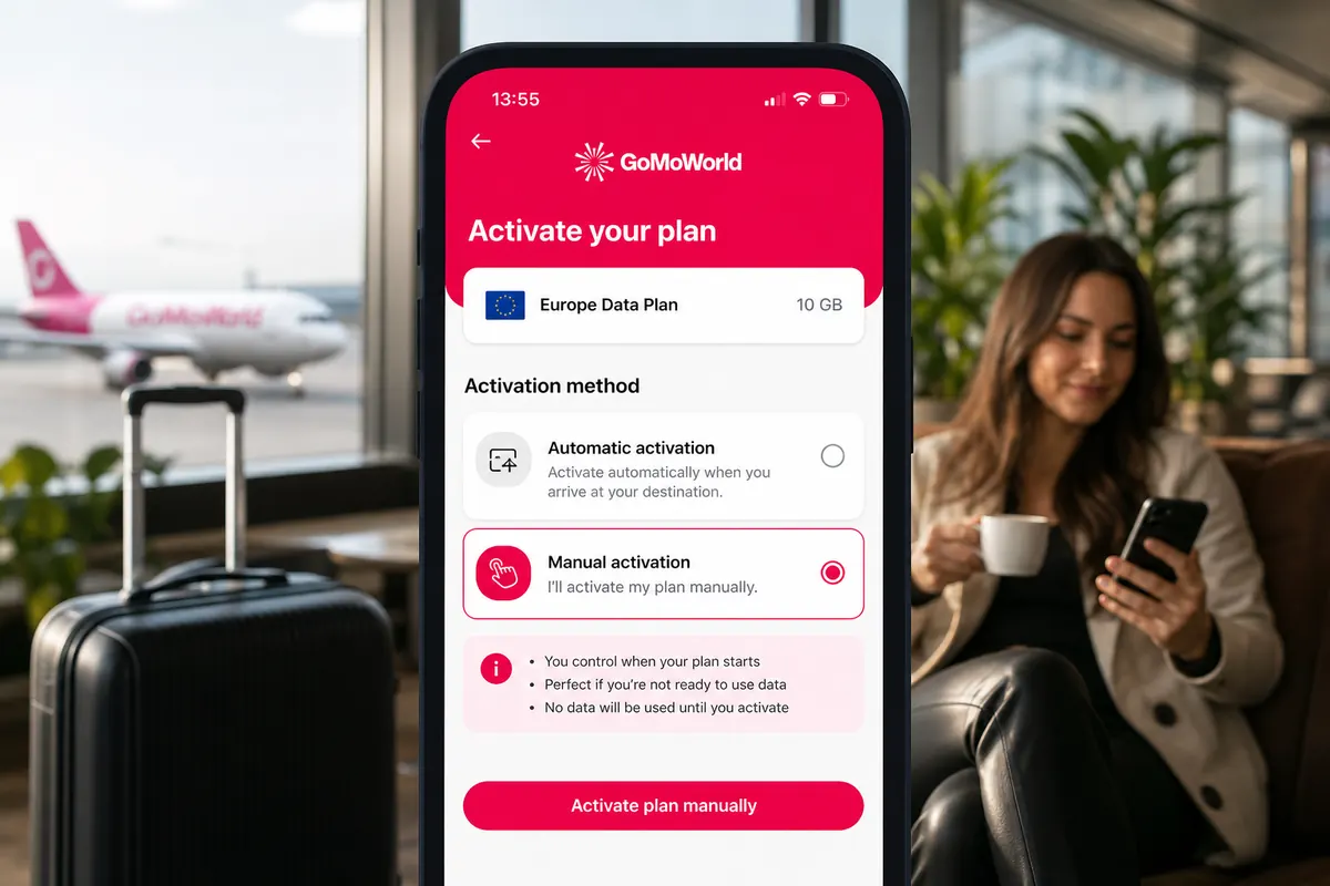 Une interface de l'application GoMoWorld montrant l'activation manuelle d'un pla