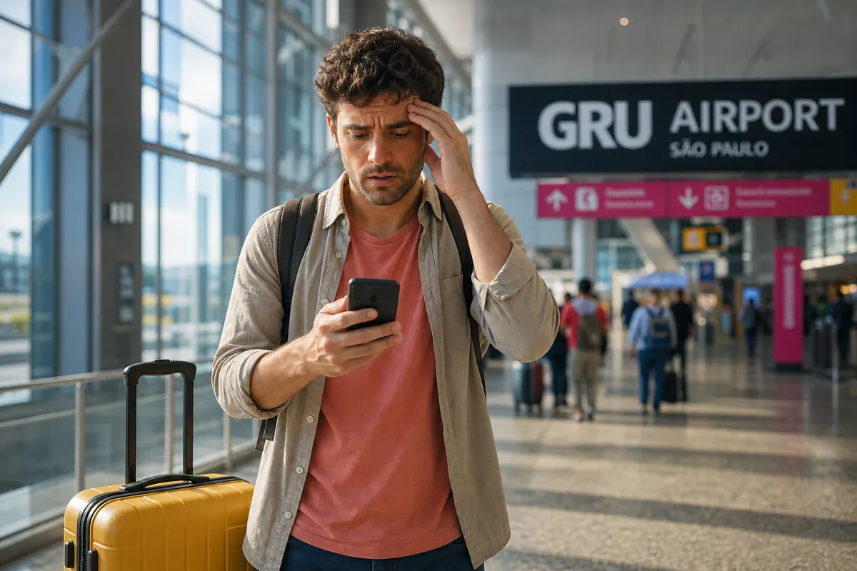 Voyageur inquiet regardant son smartphone dans l'aéroport de São Paulo