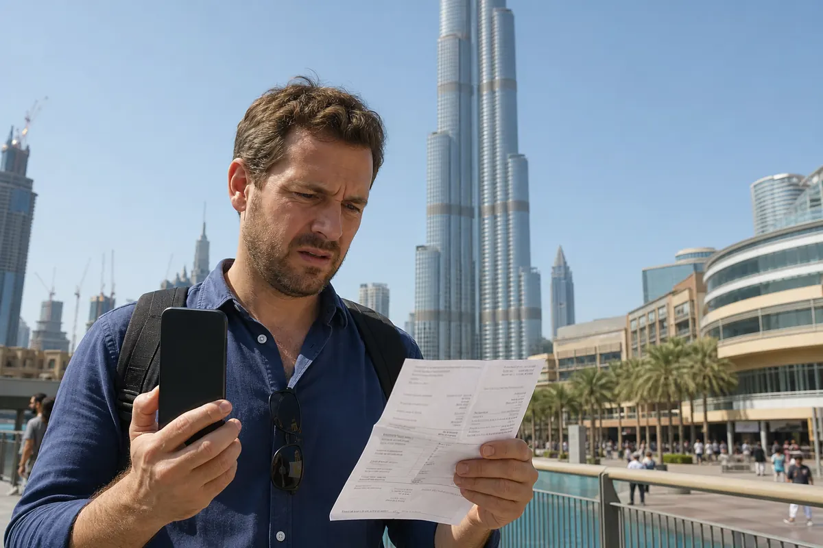 Traveler using mobile data on their smartphone in Dubai.