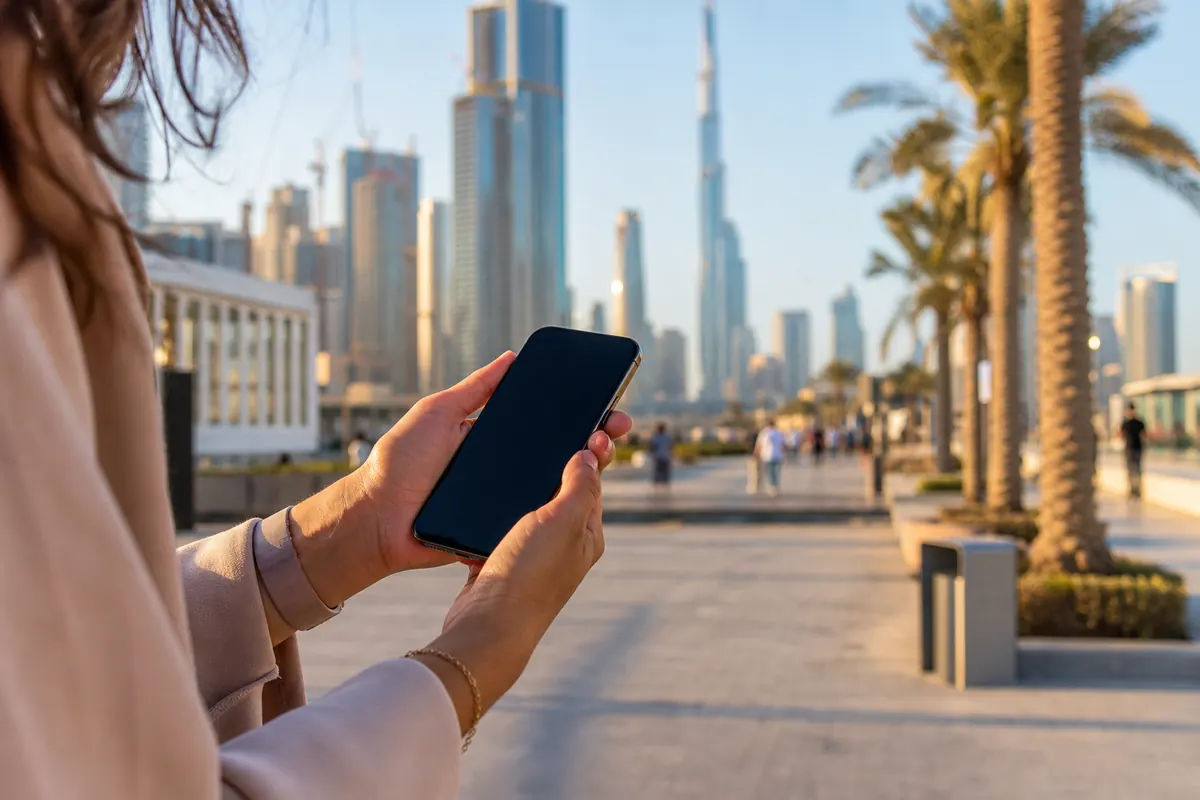 Traveler using their smartphone peacefully in the UAE with an eSIM.
