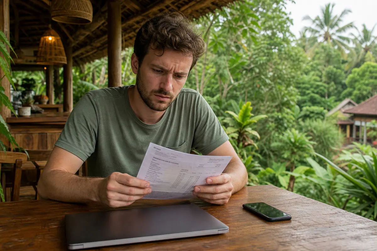 Digital nomad working on a laptop using mobile hotspot tethering in Bali