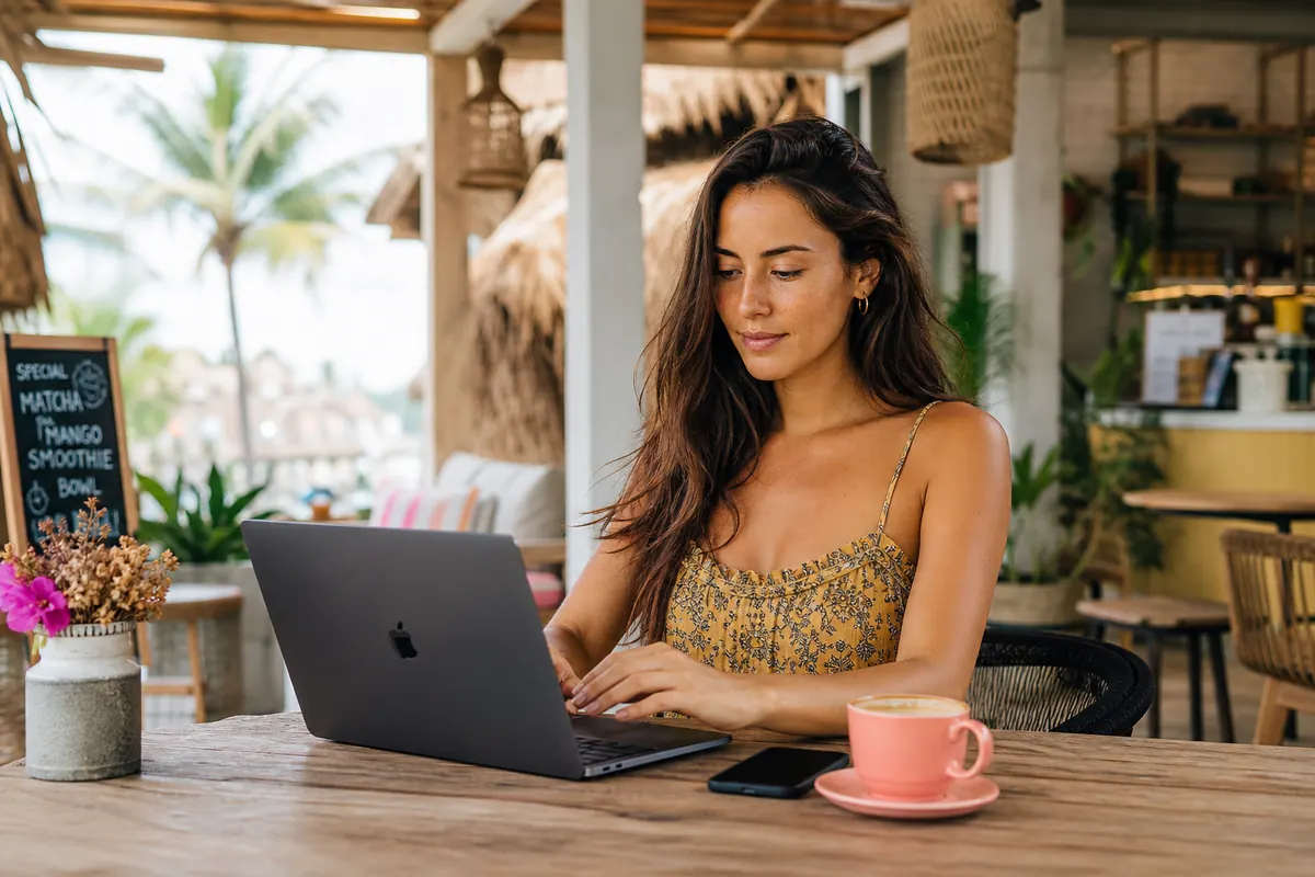 Person working securely via mobile hotspot in a cafe in Bali