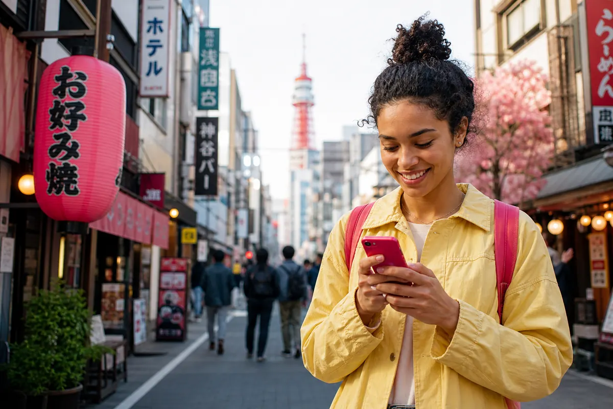 Voyageur détendu consultant son smartphone dans une rue au Japon.