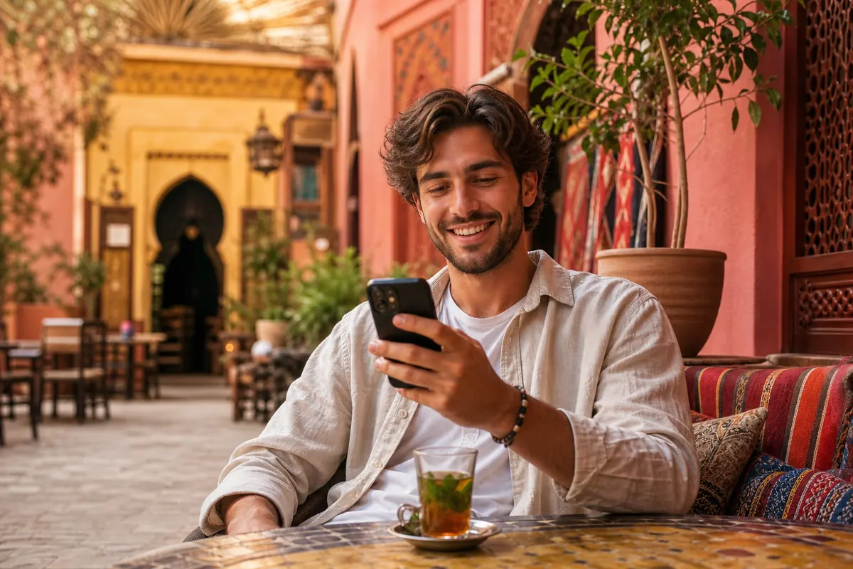 Traveler connected with their smartphone on a sunny terrace in Morocco.