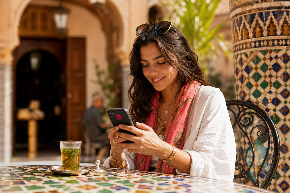 Traveler setting up their eSIM plan on a smartphone in a Moroccan cafe.