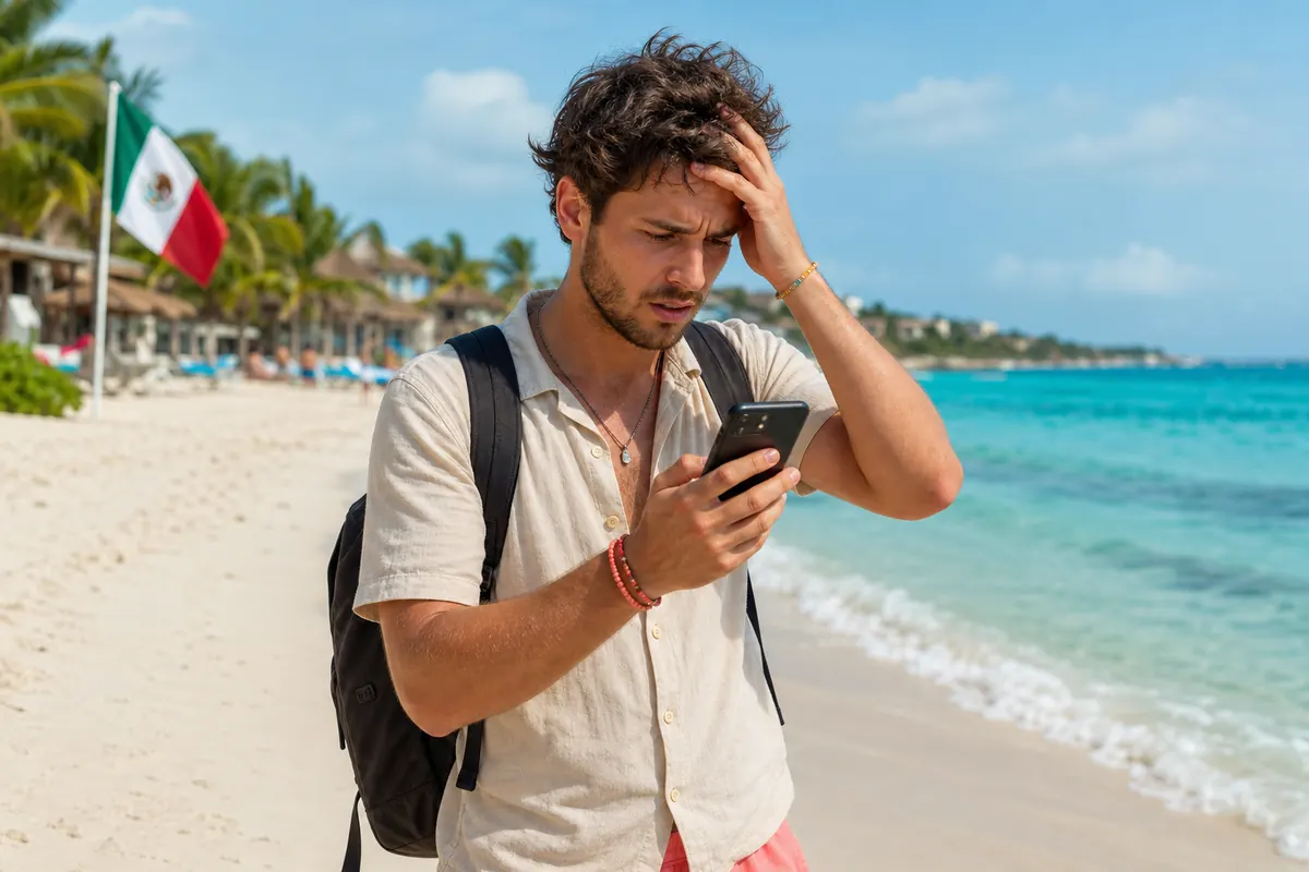 Worried tourist without mobile data on a Mexican beach.