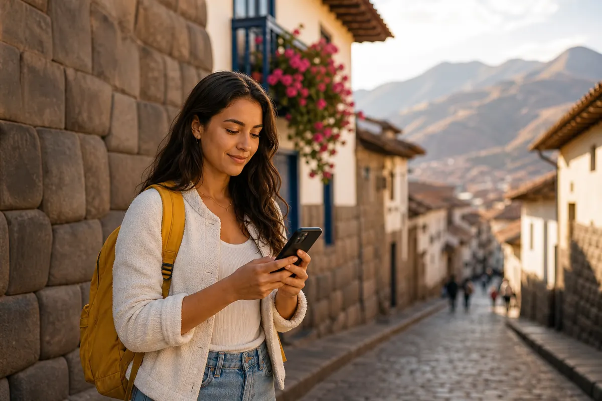 Relaxed traveler using their smartphone to navigate in Cusco, Peru.