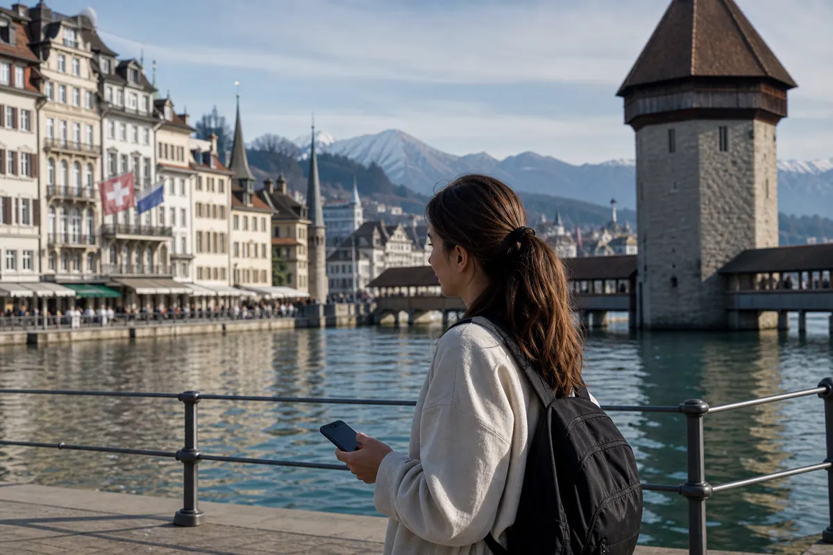 Voyageur utilisant son smartphone pour naviguer et écouter de la musique.
