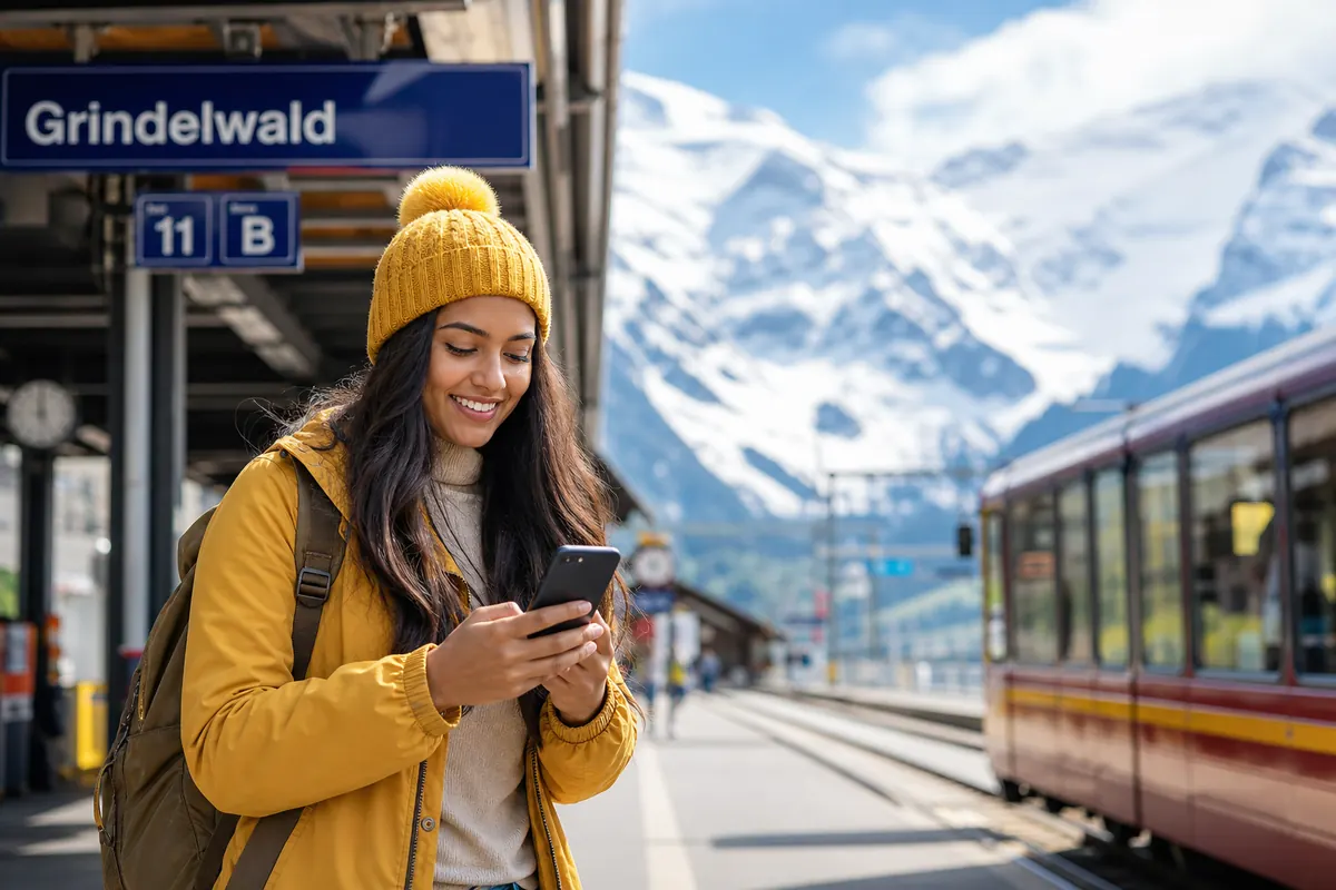 Voyageur activant son eSIM sur smartphone à son arrivée en Suisse.