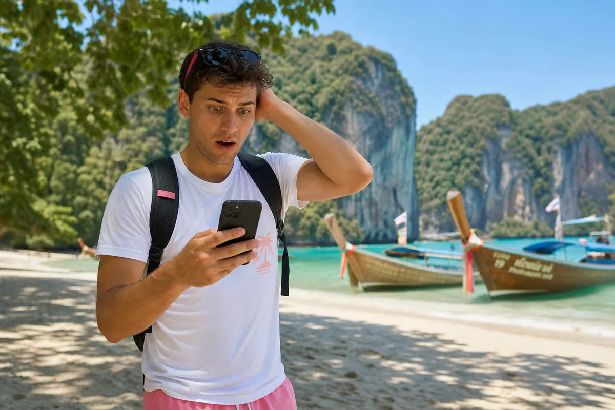 Traveler discovering out-of-plan mobile charges on their phone in Phuket.