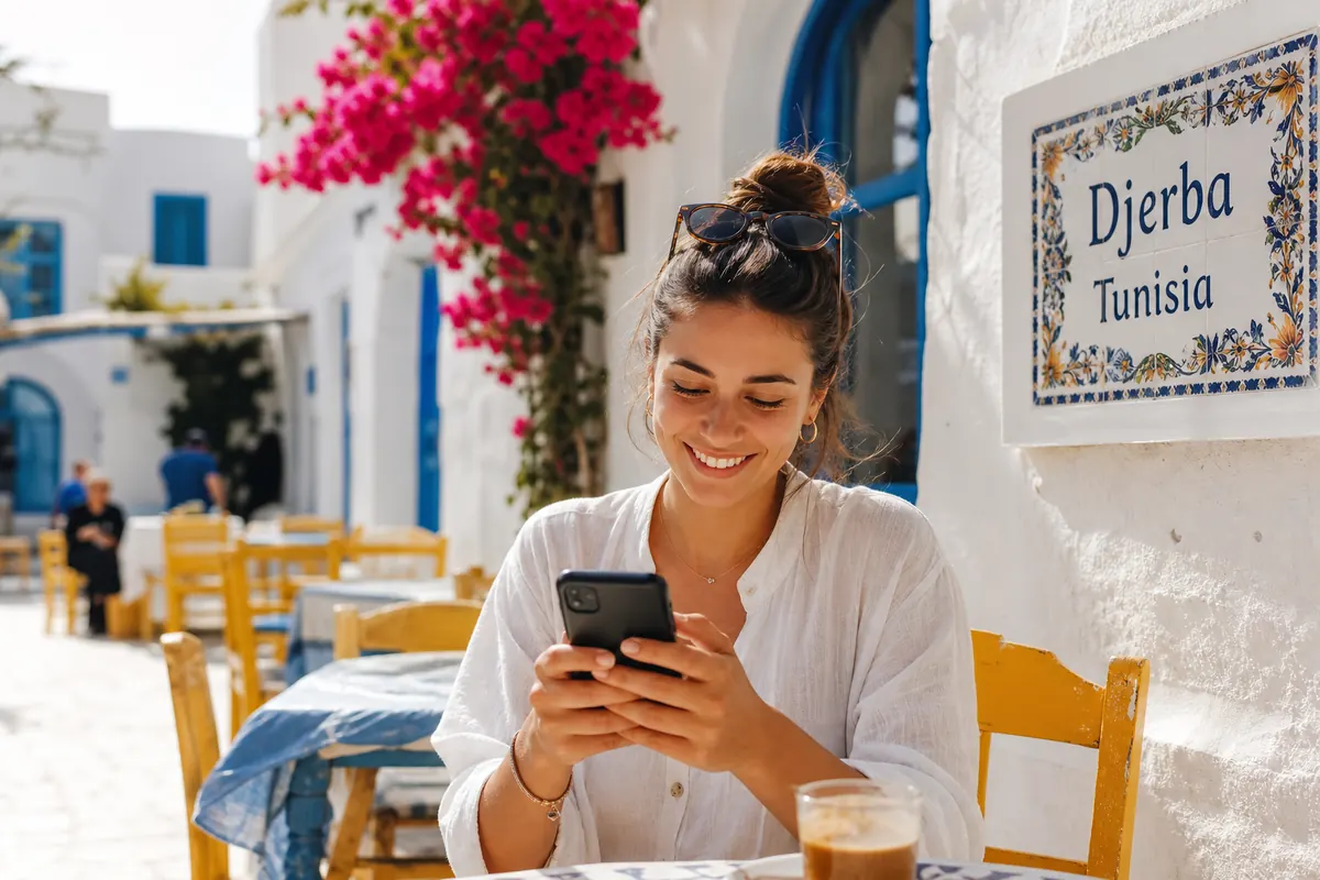 Voyageur détendu utilisant son smartphone au soleil à Djerba, Tunisie.