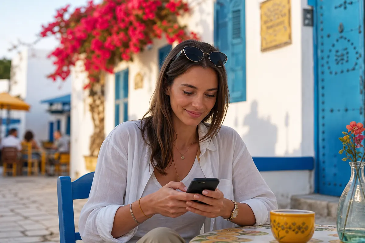 Voyageur préparant sa connexion mobile dans un café à Sidi Bou Saïd.