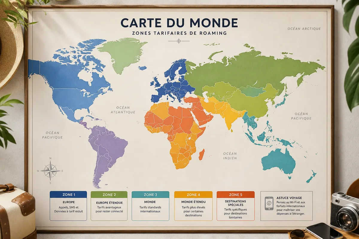 Carte du monde stylisée montrant les différentes zones tarifaires de roaming, av