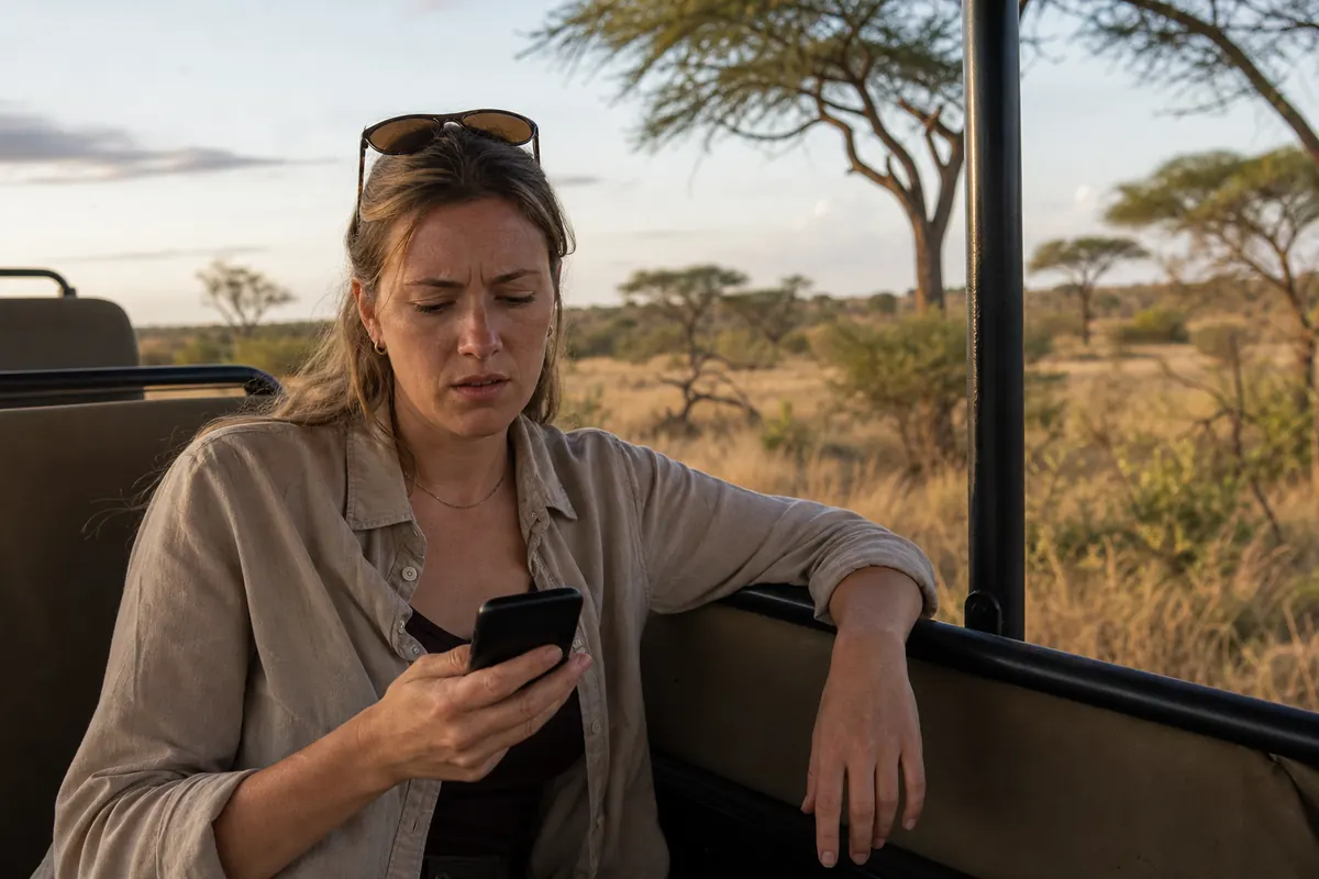 Touriste sans réseau mobile regardant son téléphone pendant un safari sud-africain.