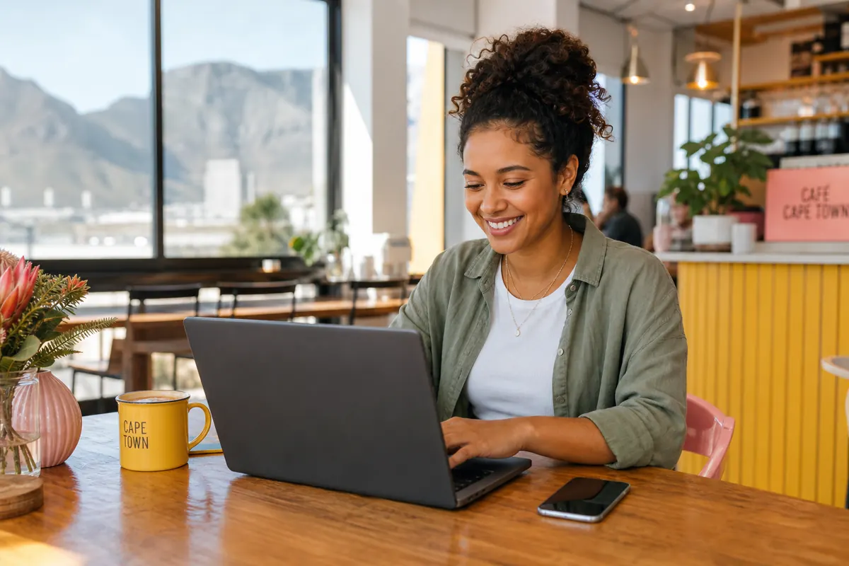 Voyageur utilisant le partage de connexion dans un café au Cap.