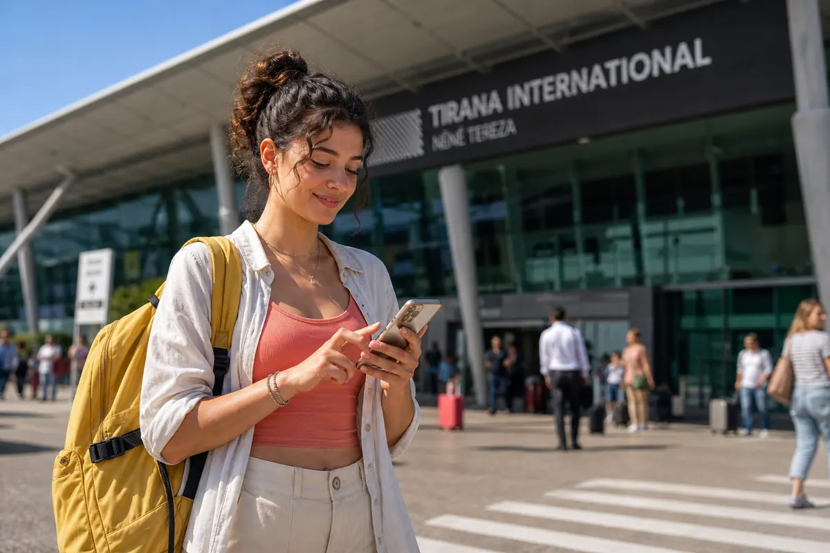 Voyageur activant son forfait eSIM sur smartphone à son arrivée en Albanie.