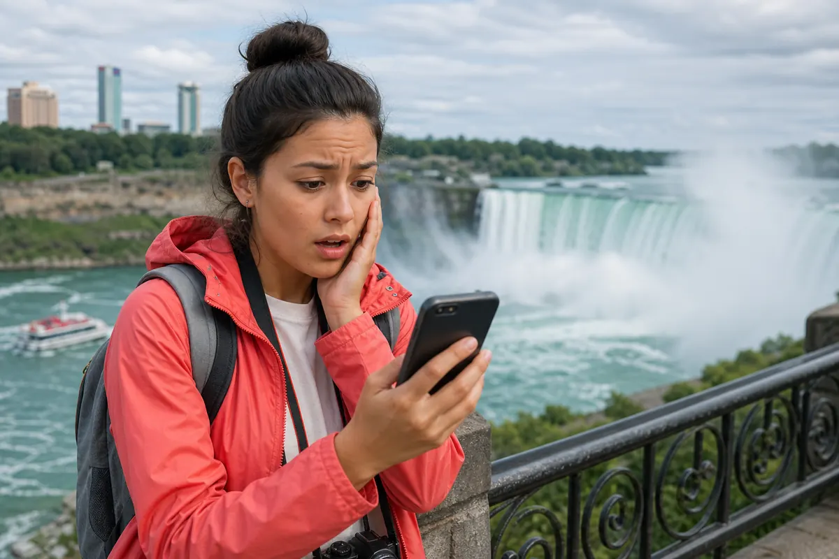 Tourist looking surprised by roaming charges at Niagara Falls.