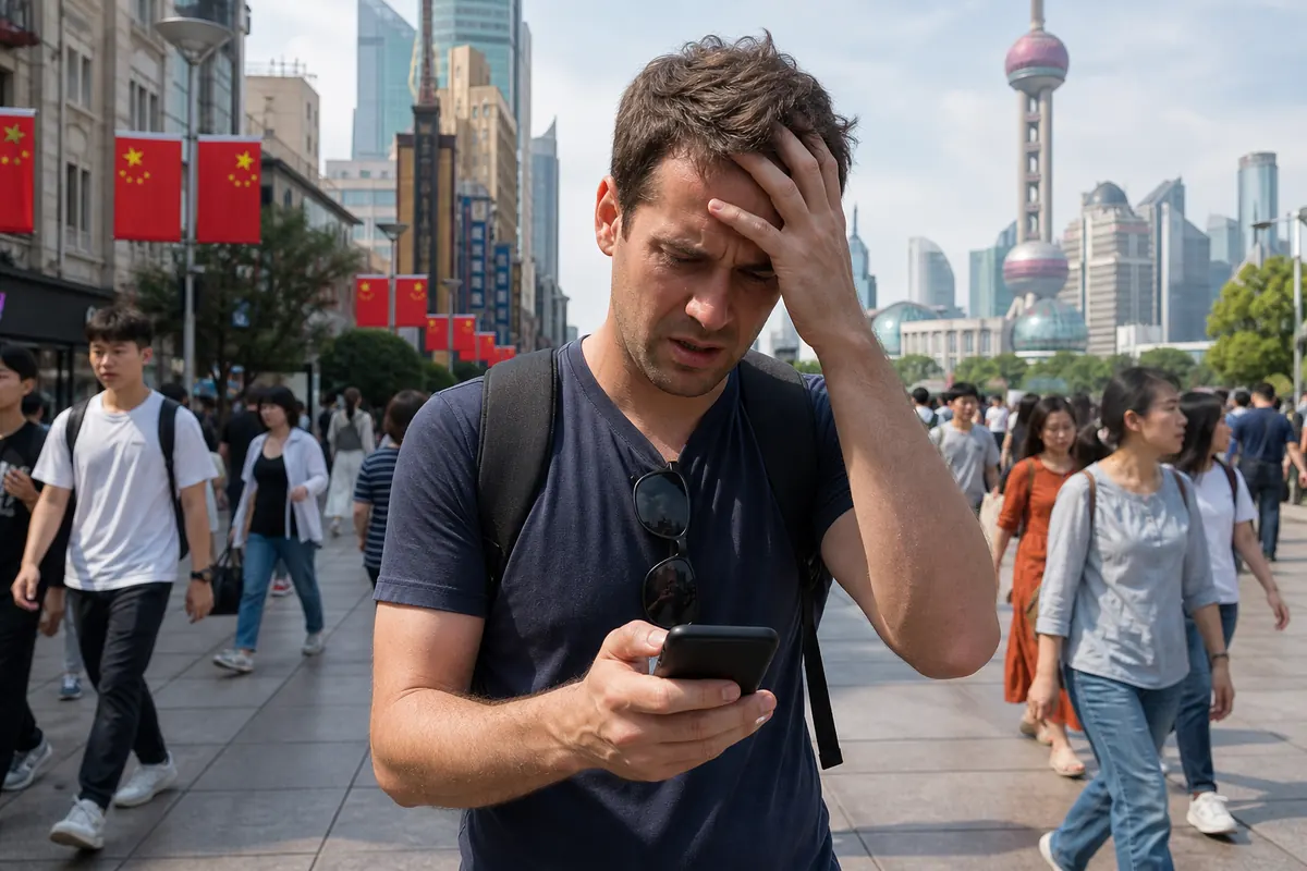 Voyageur utilisant un smartphone pour naviguer dans une rue de Shanghai.