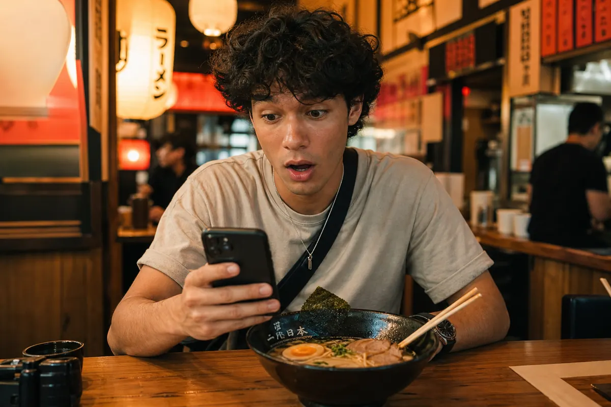 Touriste au Japon découvrant des frais de roaming sur son smartphone.