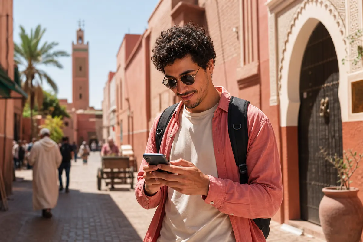 Traveler using their connected smartphone in Morocco to order a ride-share