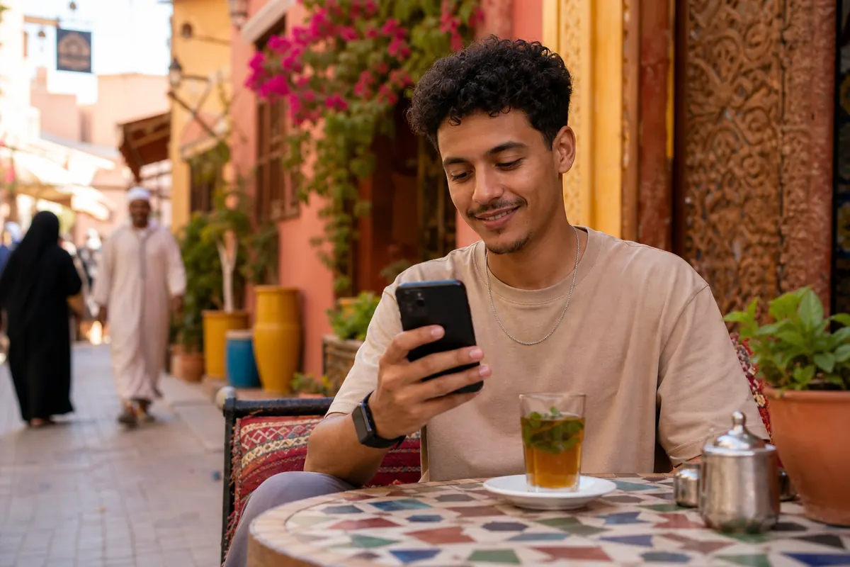 Traveler preparing their mobile connection at a Moroccan cafe terrace