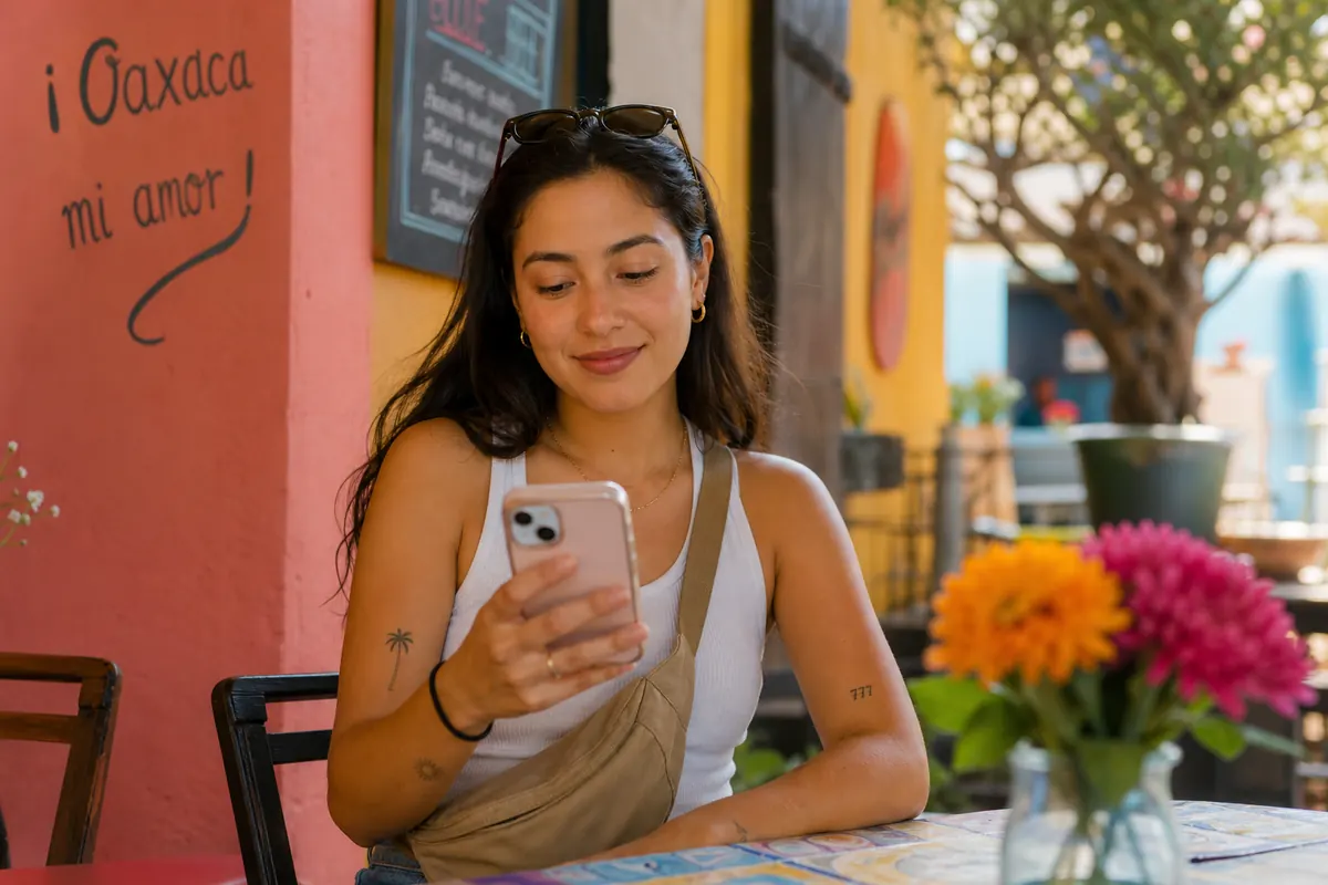 Voyageur utilisant son smartphone dans un café à Oaxaca au Mexique.