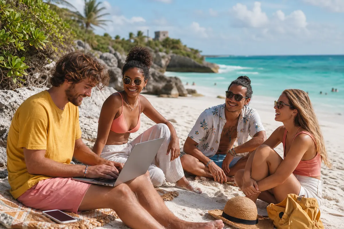 Amis partageant une connexion hotspot mobile sur la plage de Tulum.