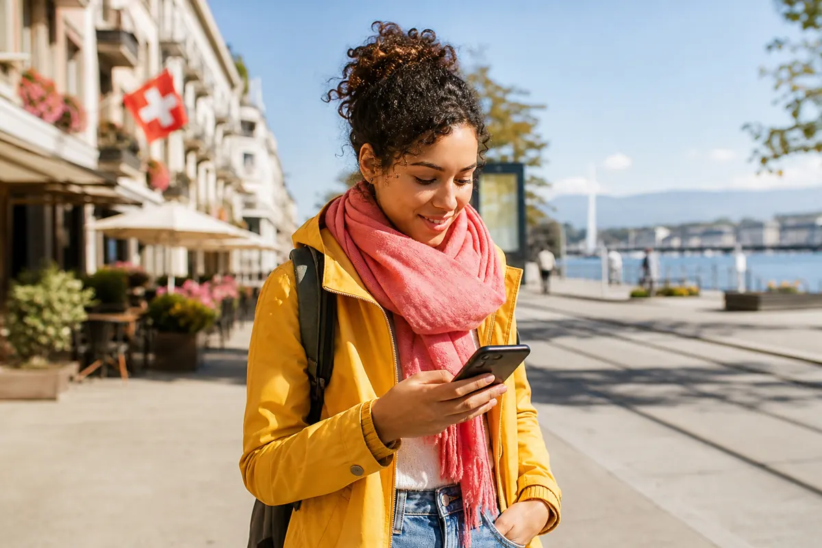 Traveler checking smartphone to navigate the streets of Geneva.