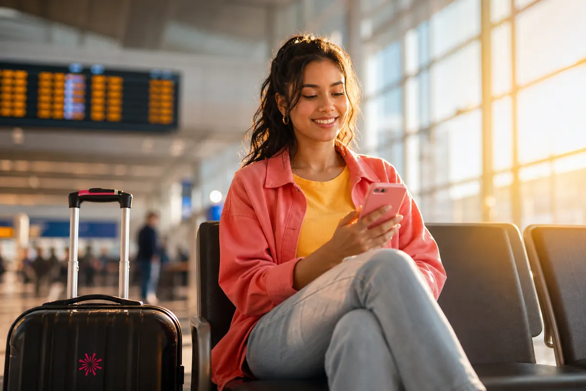 Woman preparing eSIM activation on smartphone at the airport.