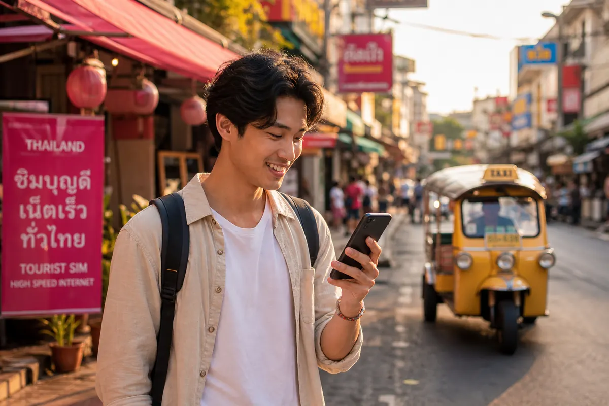 Voyageur serein utilisant son smartphone en Thaïlande sans problème de data.