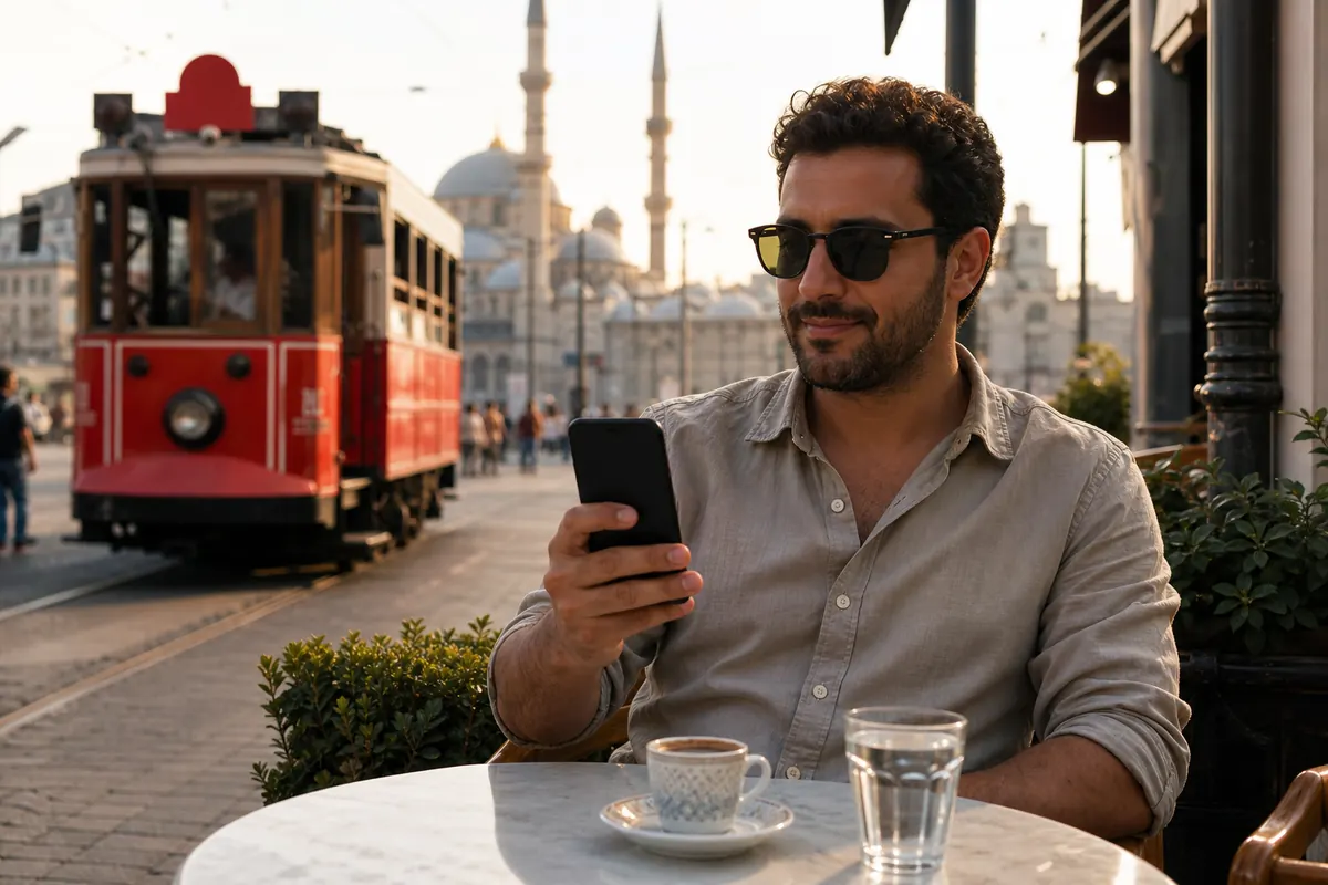 Voyageur détendu utilisant son smartphone en Turquie sans frais d'itinérance.