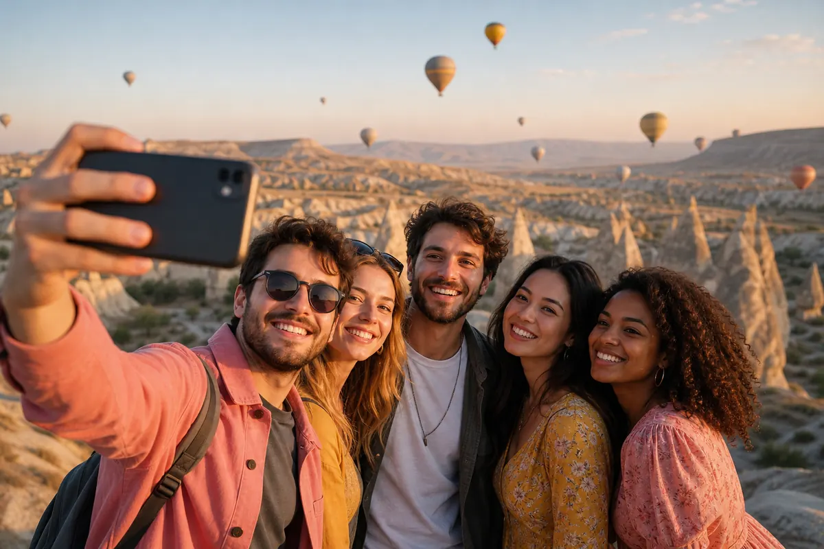 Groupe d'amis connectés prenant un selfie devant les montgolfières en Cappadoce.
