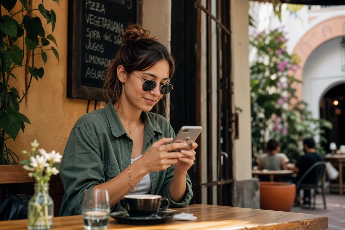 Une personne assise dans un café à l'étranger, utilisant son téléphone en partag