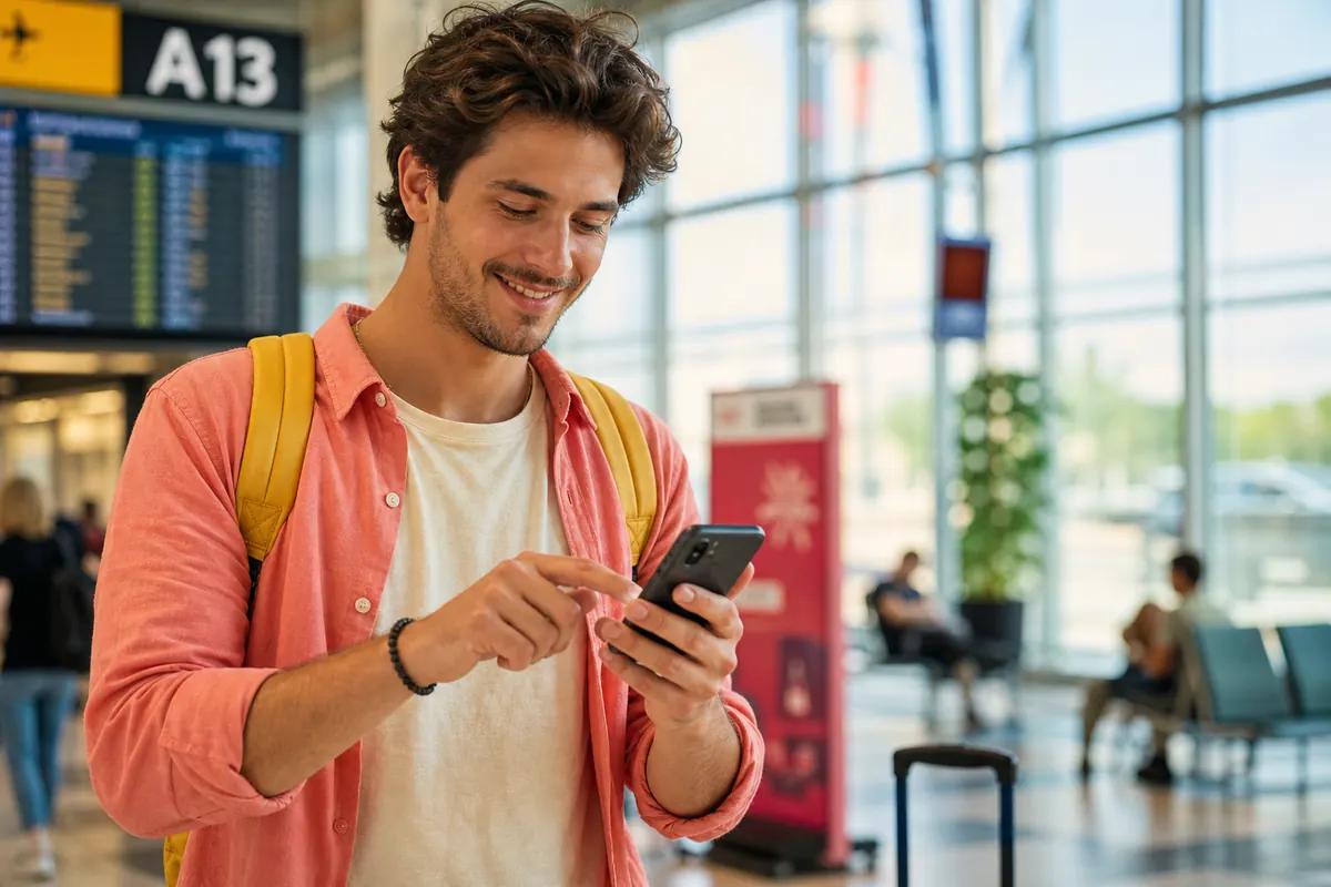 Voyageur activant une eSIM sur son smartphone à l'aéroport en Albanie