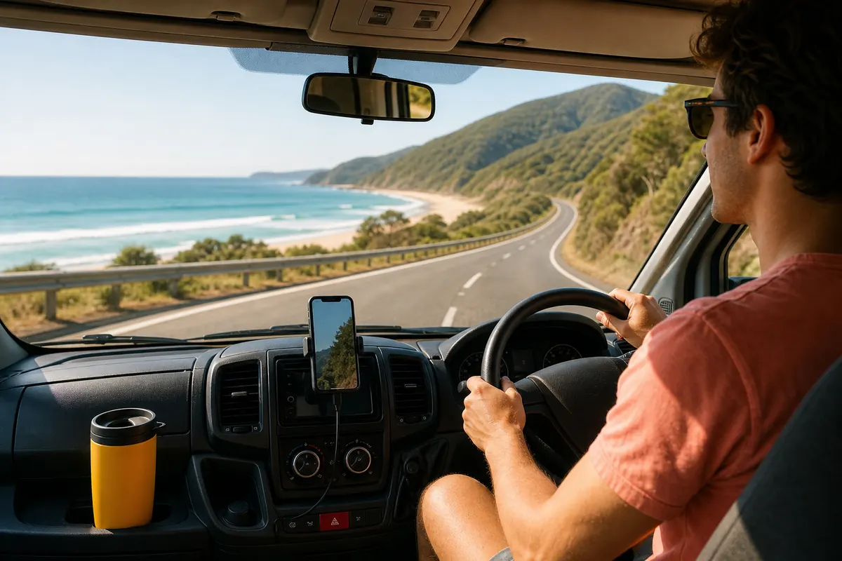 Smartphone mounted on the dashboard of a campervan during an Australian road trip.
