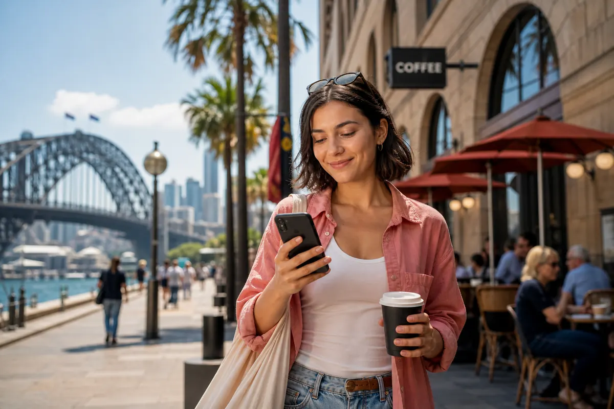 Traveler using their phone freely while walking near the Sydney Harbour Bridge, Australia.