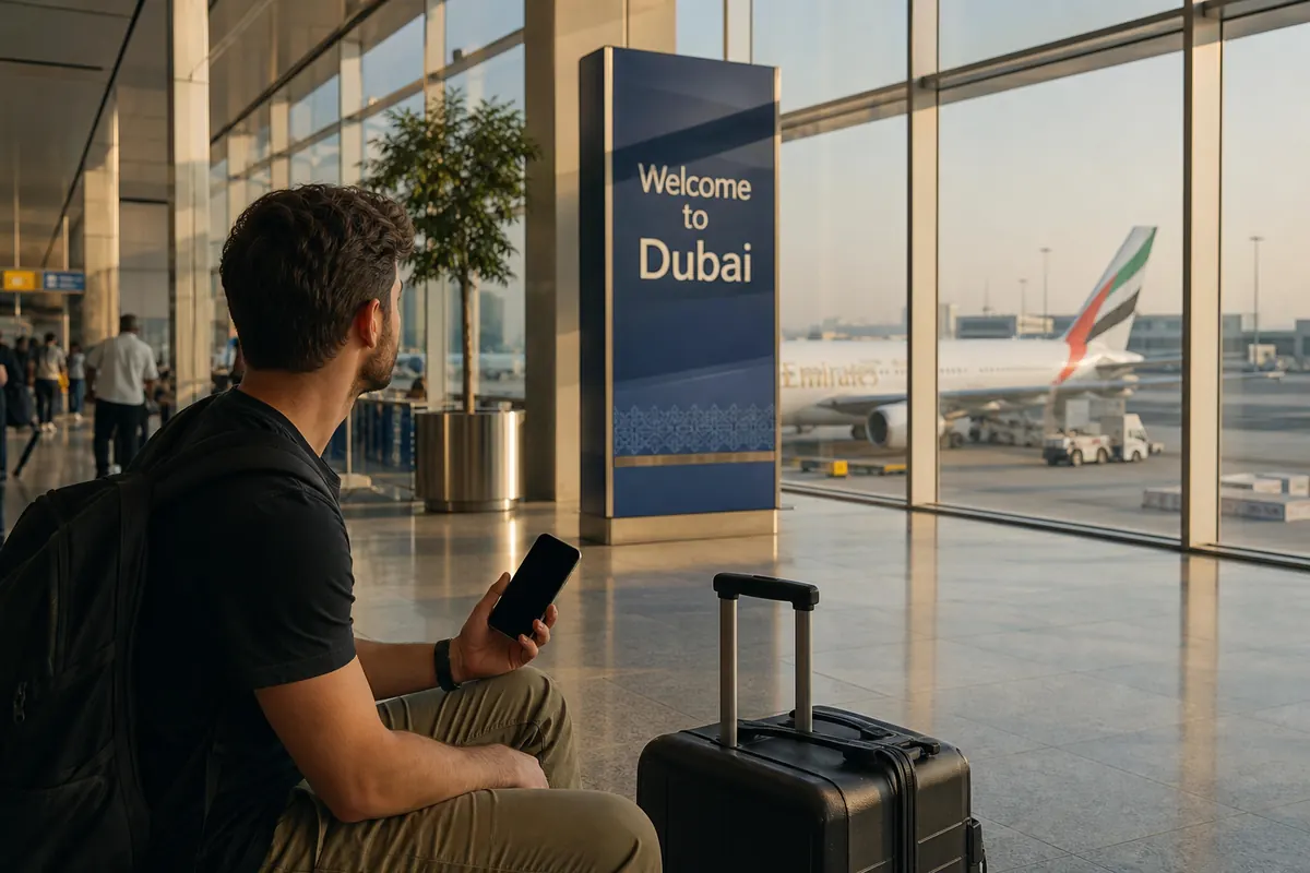 Voyageur avec passeport vérifiant son smartphone à l'aéroport de Dubaï.