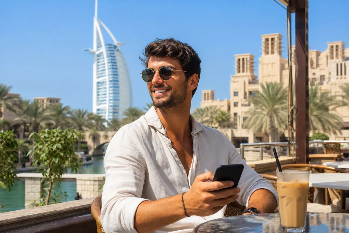 Voyageur utilisant sereinement son smartphone avec internet mobile à Dubaï