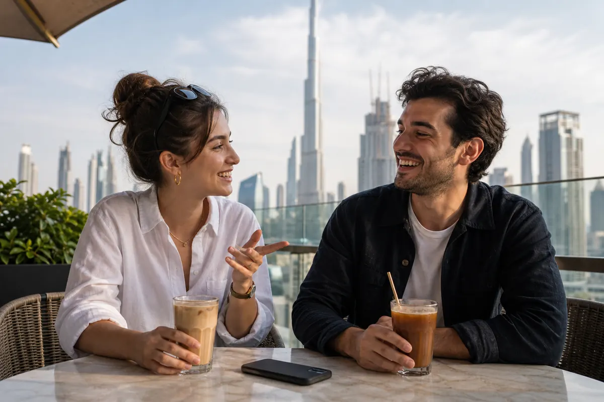 Deux voyageurs souriants partageant une connexion mobile dans un café à Dubaï.