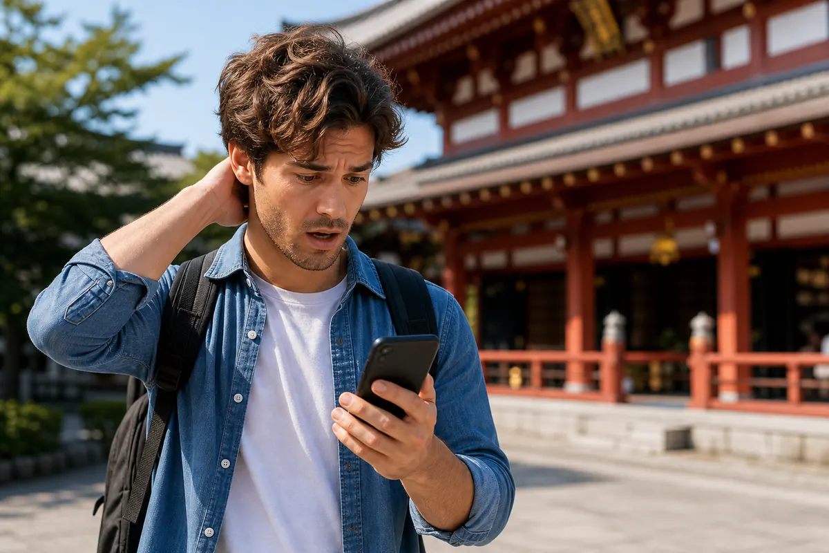 Tourist in Japan checking their smartphone, looking shocked by an out-of-plan data bill.