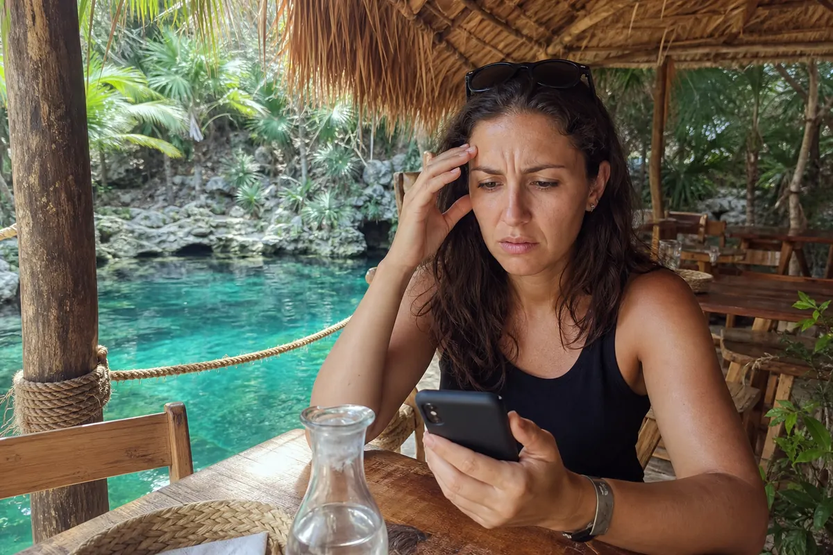 Voyageur détendu utilisant son smartphone et partage de connexion au Mexique