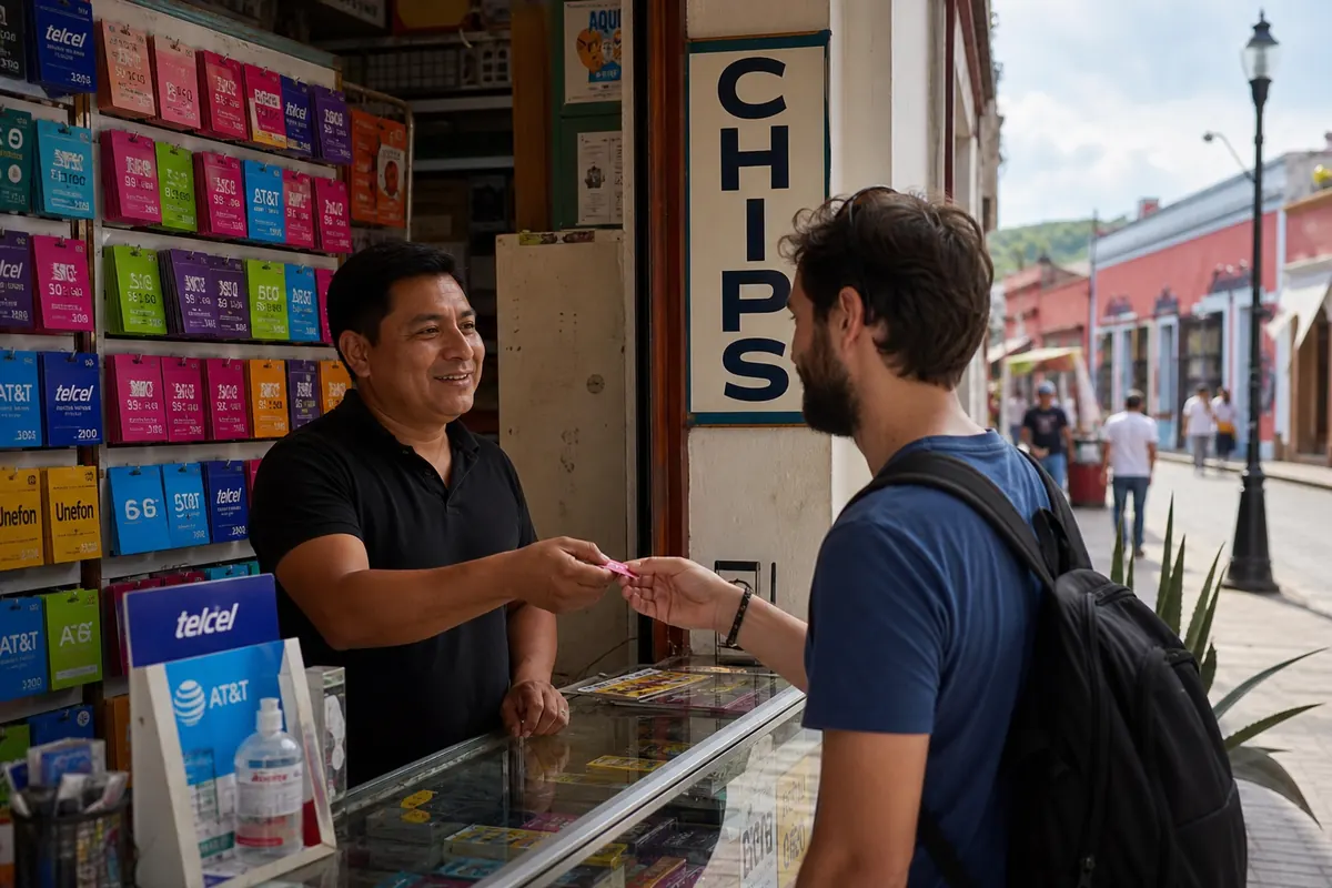 Voyageur connecté sur son smartphone dans une rue ensoleillée au Mexique.