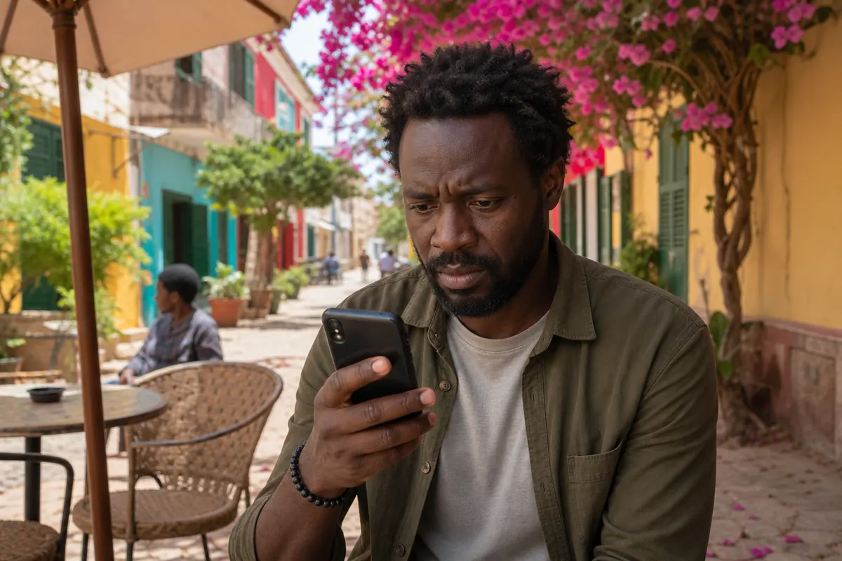 Touriste consultant les tarifs eSIM sur son smartphone à Dakar, Sénégal.