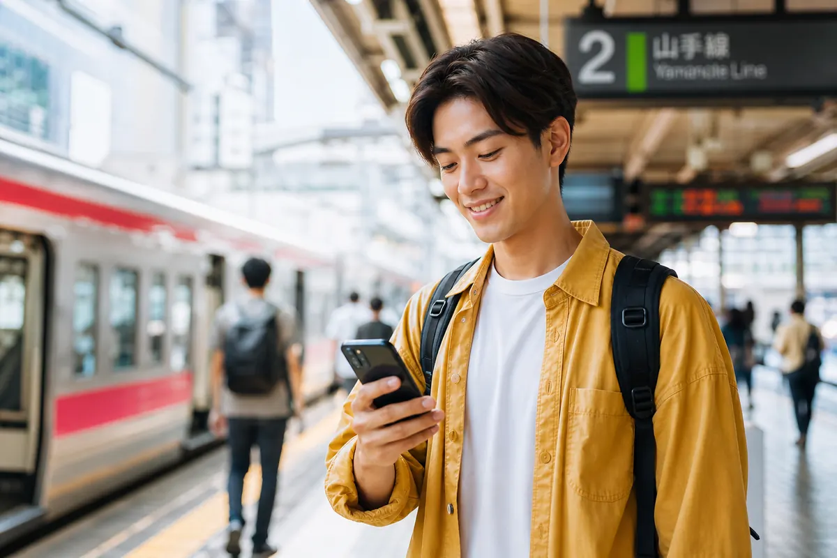 Voyageur au Japon consultant son smartphone grâce à une eSIM économique.