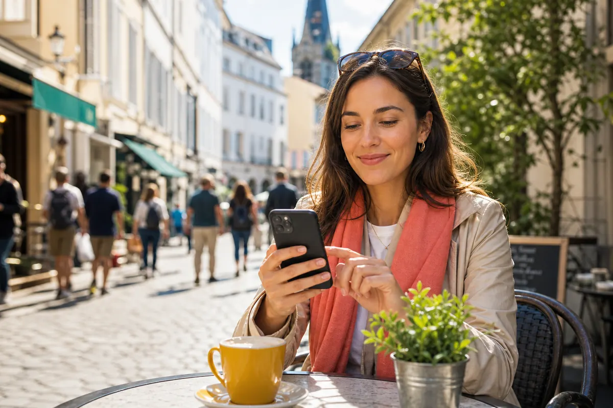 Voyageuse sereine gérant ses données mobiles sur son smartphone en terrasse.