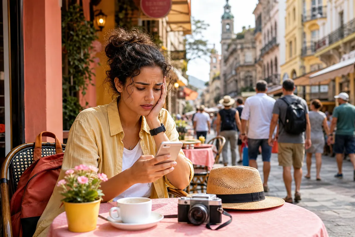 Voyageur inquiet consultant son smartphone à l'étranger face aux frais d'itinérance