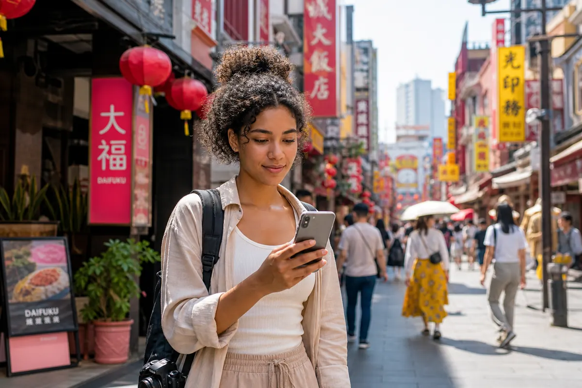 Voyageur utilisant son forfait data voyage sur smartphone en Asie.