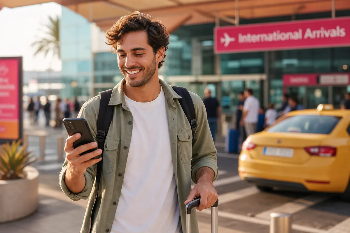 Voyageur détendu utilisant son smartphone pour activer sa connexion data à l'étranger