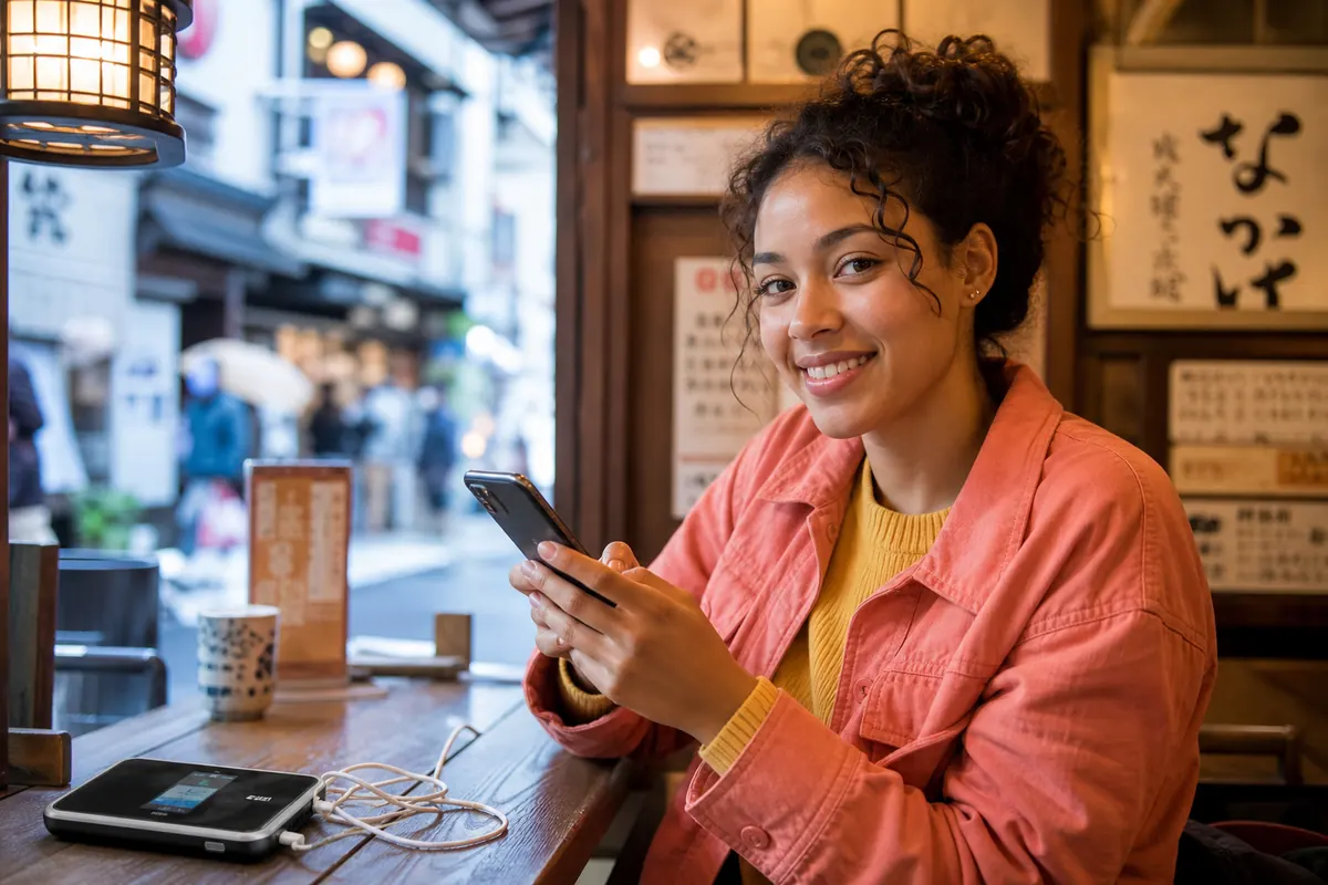 Comparaison entre smartphone eSIM et boîtier pocket WiFi encombrant au Japon.