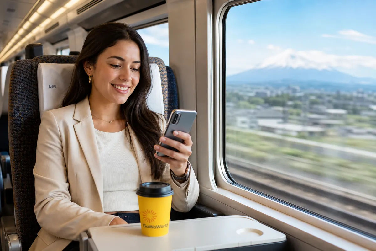 Voyageur d'affaires utilisant une connexion 5G rapide dans le Shinkansen.